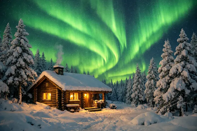 A snow-covered log cabin with lit windows among snowy pine trees, under green northern lights.
