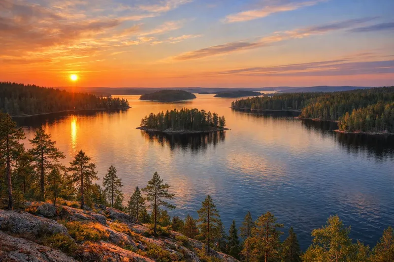 A calm lake at sunset with small forested islands, and pine trees on a rocky shore in the foreground.