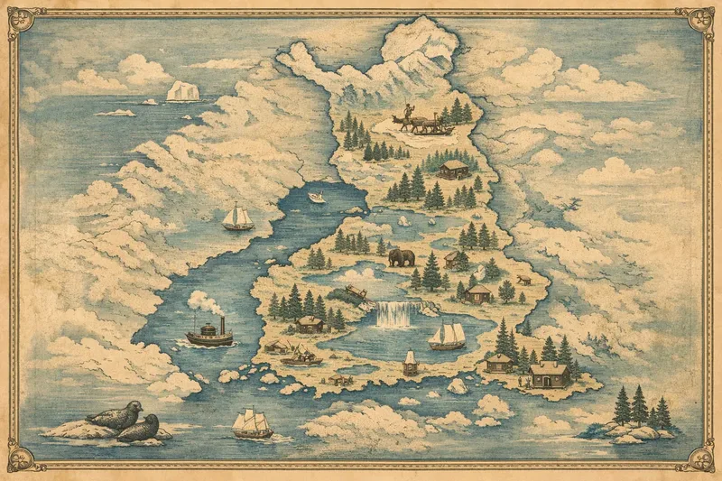 An old-style illustrated map of Finland in blue ink on cream paper, with forests, lakes, ships, a sled and seals.
